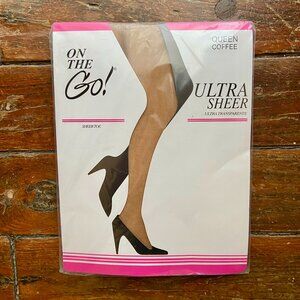 New ON THE GO Vintage Ultra Sheer Toe Pantyhose Queen XL Coffee NOS